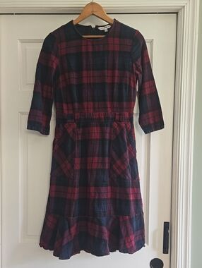 DownEast Plaid Long-Sleeve Dress in Navy and Burgundy